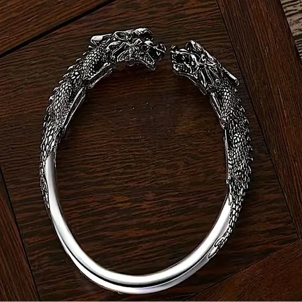 Silver Viking Wolf Head Norse Bangle Cuff Bracelet
